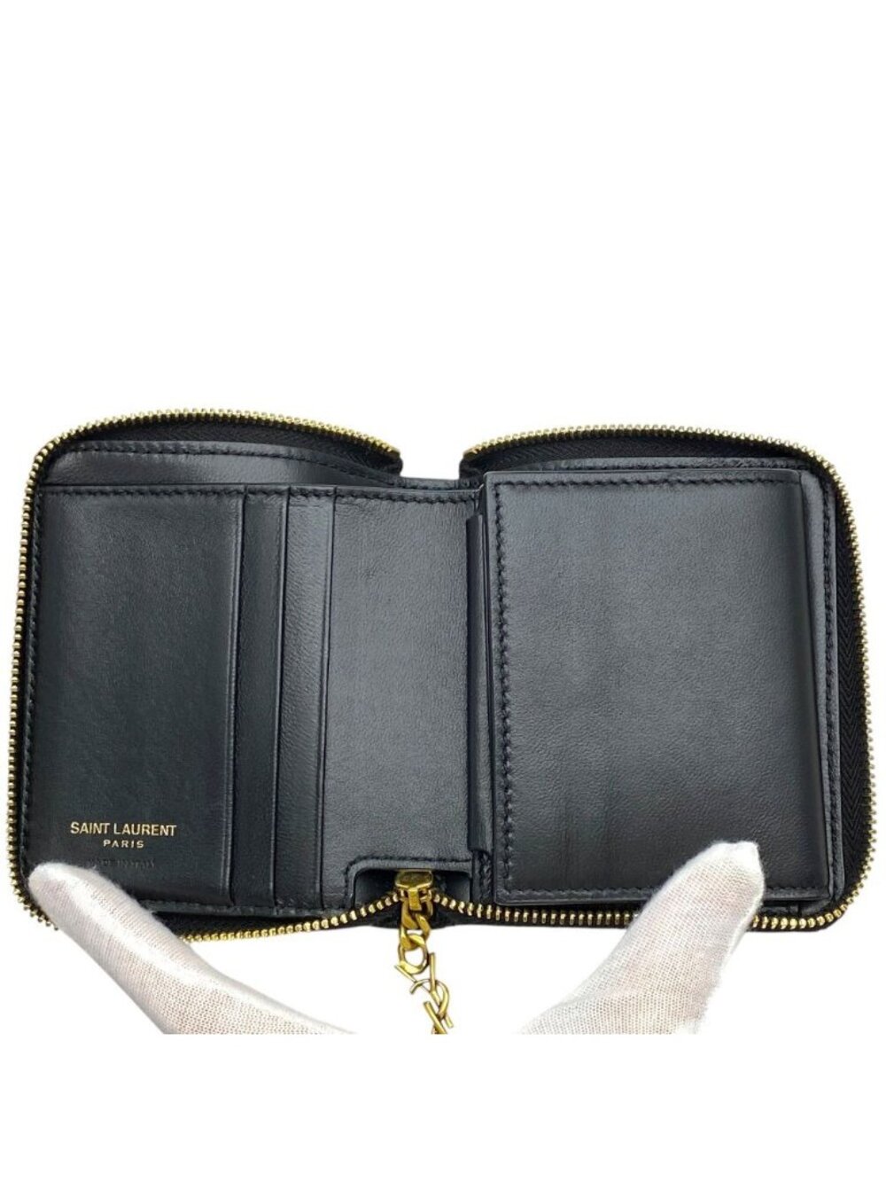 Saint Laurent Pegaso Twofold Wallet Folding YSL Logo Leather Black Compact - Picture 4 of 9